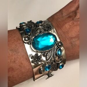 Blue Topaz Stamped Solid 925 Sterling Silver Cuff Bracelet
